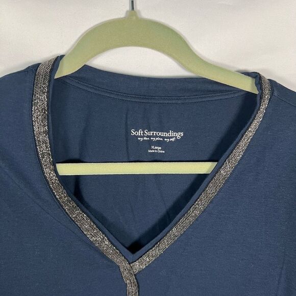 Soft Surroundings Womens XL Beaded V Neck 3/4 Mesh Sleeves Hem Dressy Navy Blue - Picture 7 of 8